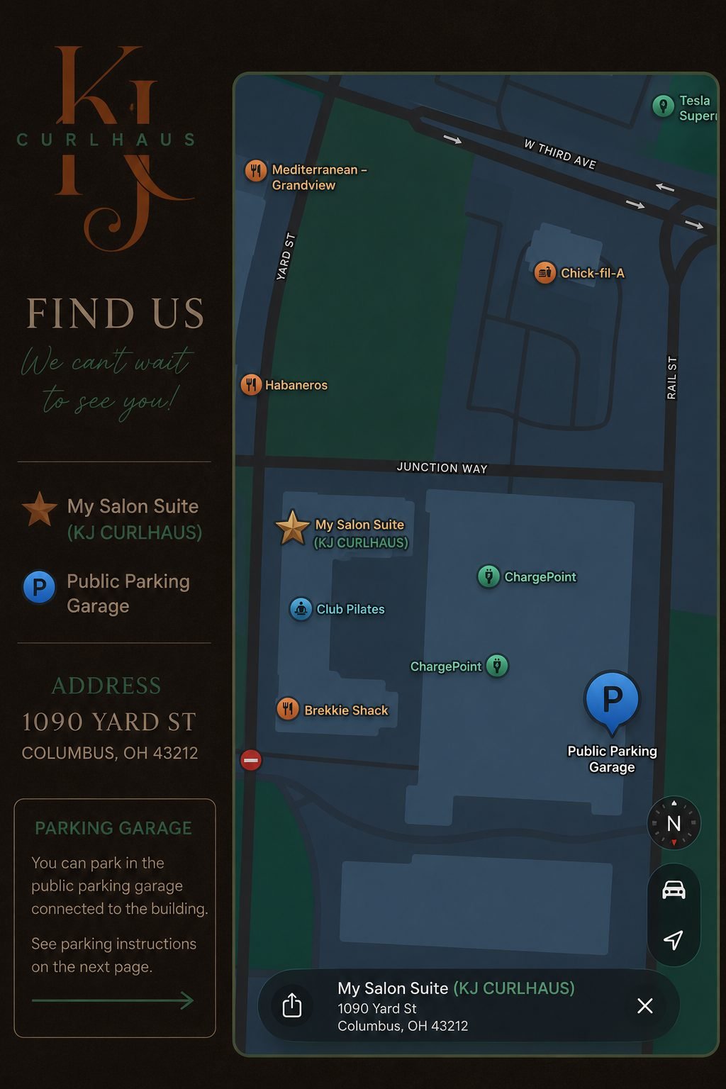KJ CurlHaus location map — 1090 Yard St, Columbus OH 43212